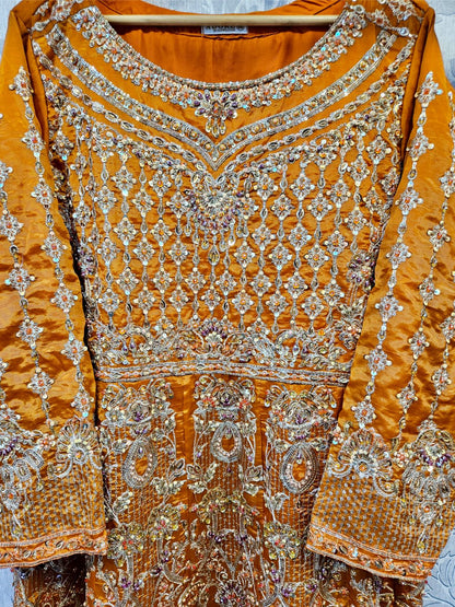 EK burnt orange hand embellished long dress with stonework and pearls embroidered dupatta in sizes [3XL to 5XL] womenswear traditional wedding fancy plus size clothing - gorgeous, fit