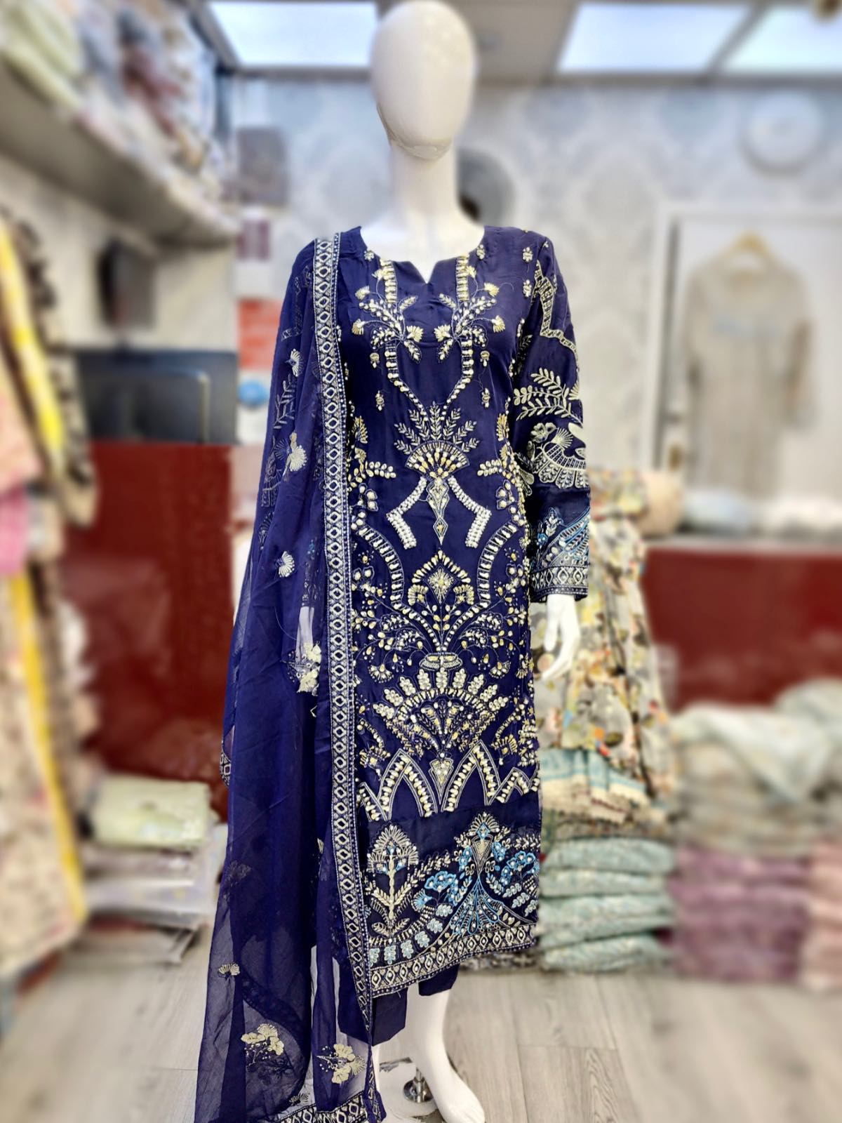 ELN Navy Blue colour hand embellished with pearls and dabka chiffon fabric shalwar kameez embroidered chiffon dupatta in sizes (L to 8XL) womenswear fancy party wear plus size clothing