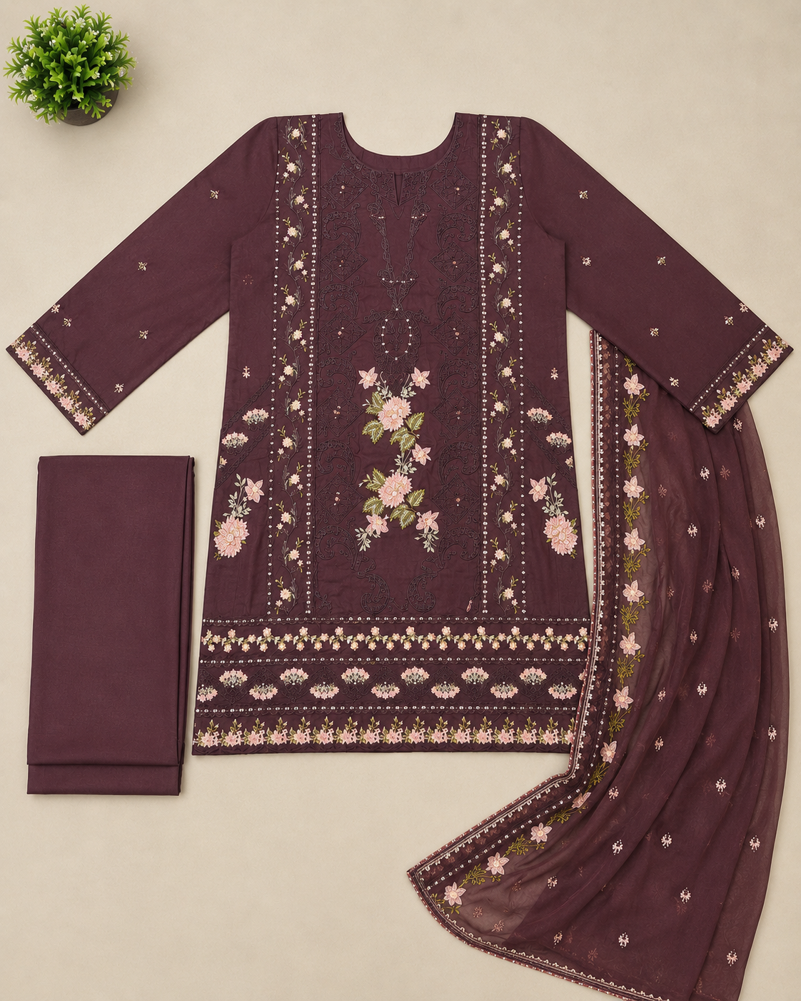 QMR Cocoa Bean Linen Suit | Symmetrical Embroidery with Blush Floral Bouquets, Ornamental Geometric Threadwork and Vintage Floral Motifs | Festive Days and Family Gatherings