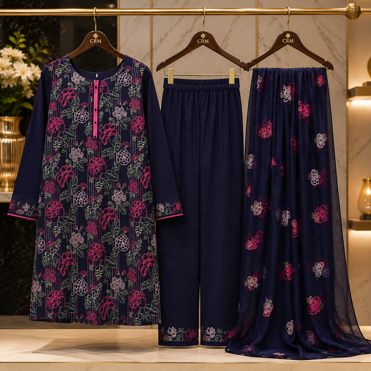 Bareeze Navy Blue | Floral Embroidered Cotton Suit | All-Over Embroidered Chiffon Dupatta | 3 Piece Suit