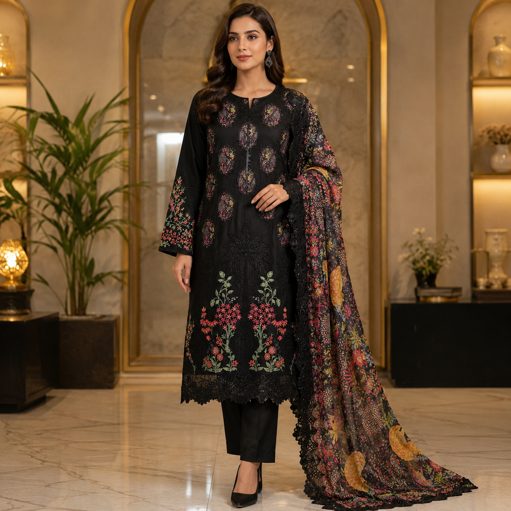MB | Mahira | Deep Noir Embroidered Cotton Shalwar Kameez | Multicolour Floral Threadwork & Appliqué Patch Details | Digital Print Silk Dupatta