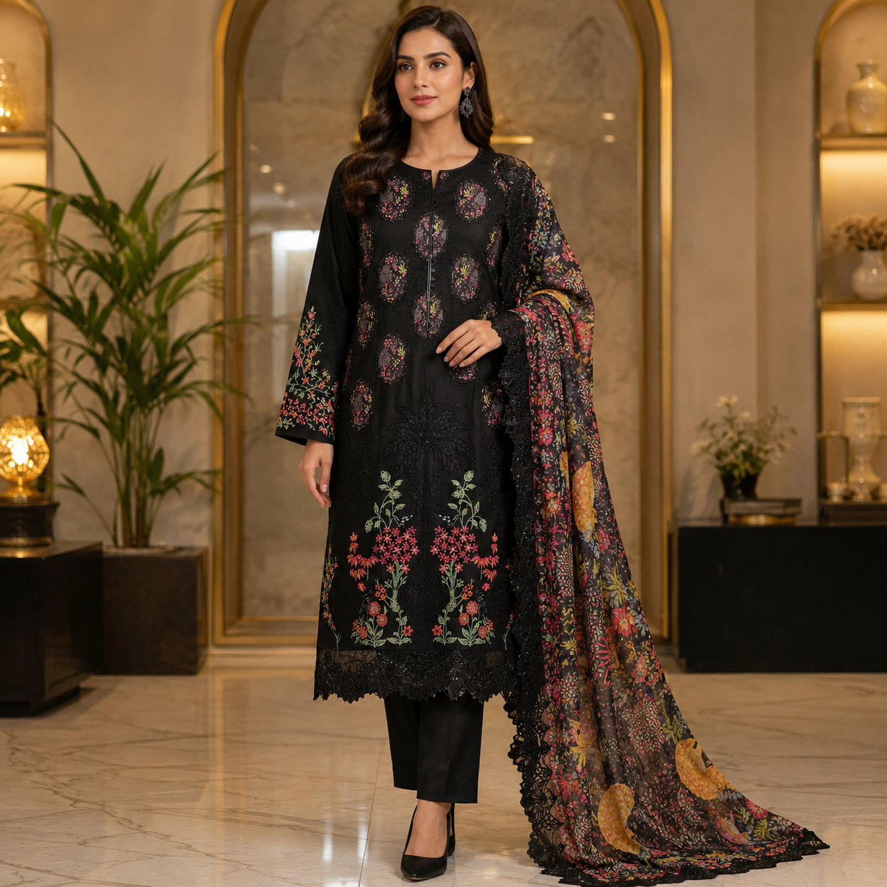 MB | Mahira | Deep Noir Embroidered Cotton Shalwar Kameez | Multicolour Floral Threadwork & Appliqué Patch Details | Digital Print Silk Dupatta