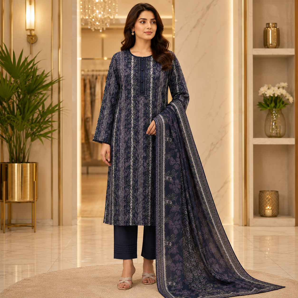 MTJ Original | Deep Navy Blue | Printed Lawn Suit | Matching Dupatta | 3 Piece Set