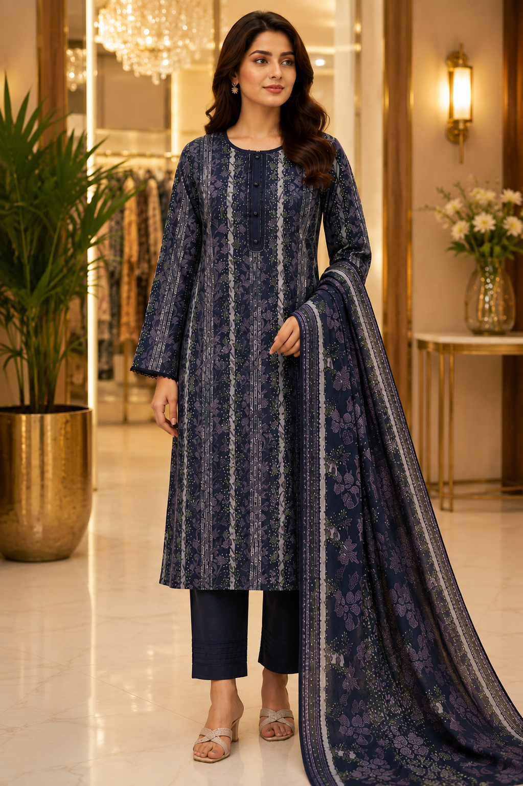 MTJ Original | Deep Navy Blue | Printed Lawn Suit | Matching Dupatta | 3 Piece Set