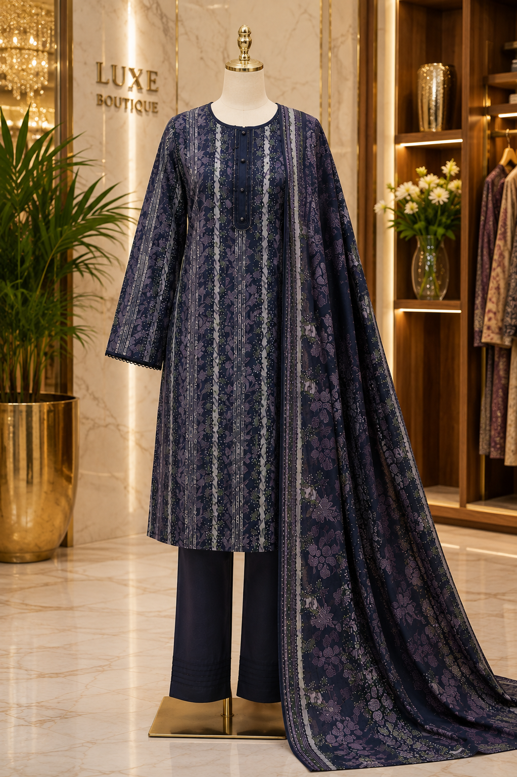 MTJ Original | Deep Navy Blue | Printed Lawn Suit | Matching Dupatta | 3 Piece Set