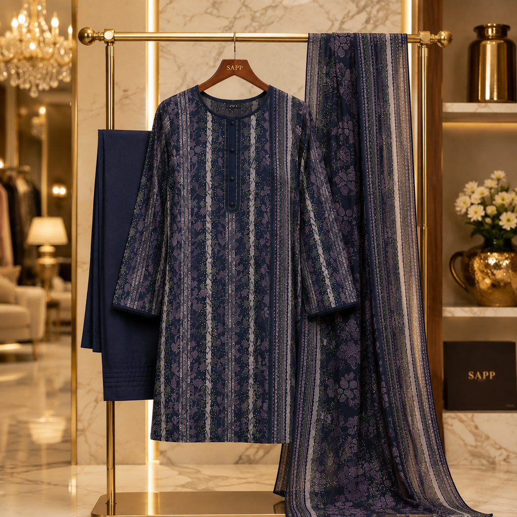 MTJ Original | Deep Navy Blue | Printed Lawn Suit | Matching Dupatta | 3 Piece Set