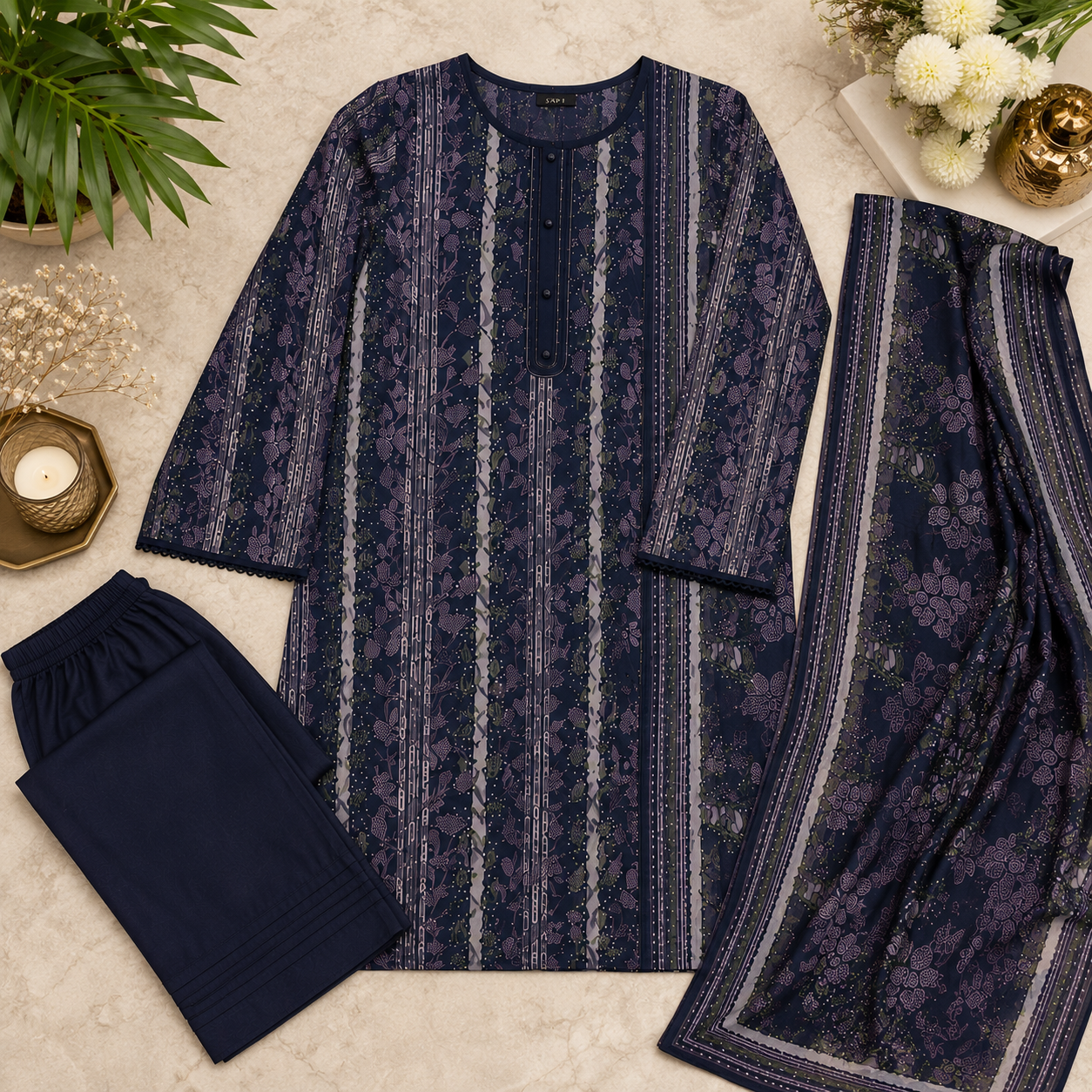 MTJ Original | Deep Navy Blue | Printed Lawn Suit | Matching Dupatta | 3 Piece Set