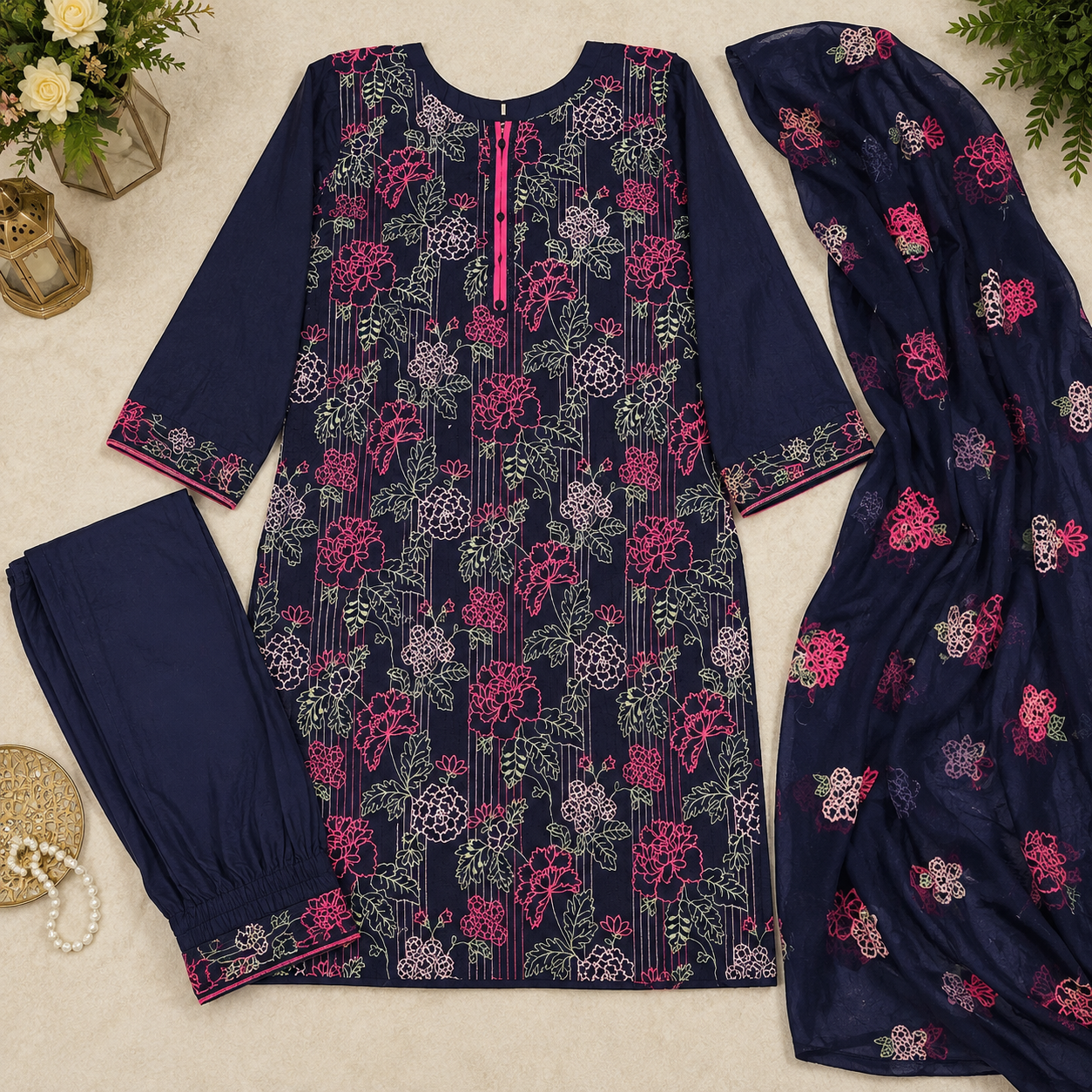 Bareeze Navy Blue | Floral Embroidered Cotton Suit | All-Over Embroidered Chiffon Dupatta | 3 Piece Suit