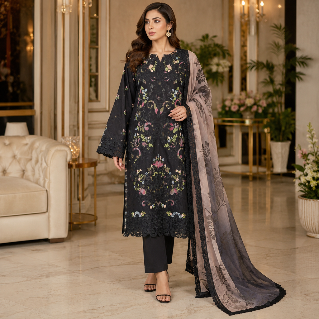 MB Zariya | Black Cotton Suit | Laser-Cut Embroidery & Printed Lace Dupatta