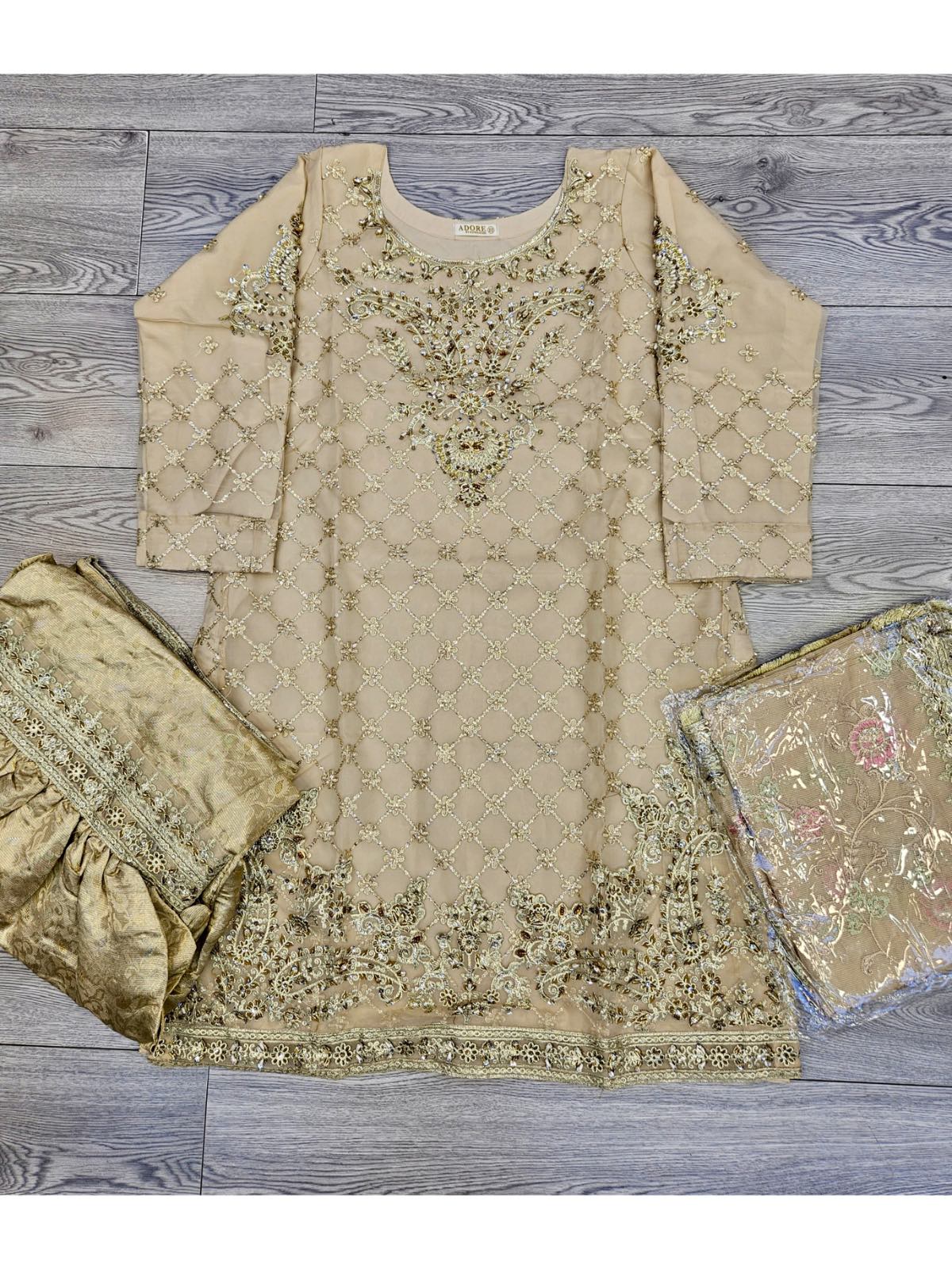 MB D9 light beige gold colour chiffon kameez khadi net all over embroidered dupatta and silk brocade gharara in sizes [L to 6XL] womenswear traditional plus size wedding party clothing - Gorgeous, fit