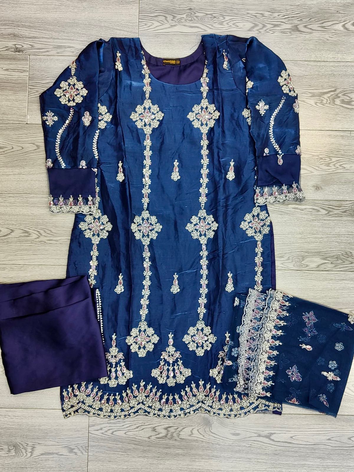 Navy Blue colour diamond pattern hand embellished cutdana embroidery shimmer organza fabric with silk palazzo and net embroidered dupatta in sizes [M to 8XL] womenswear traditional party and wedding wear plus size clothing