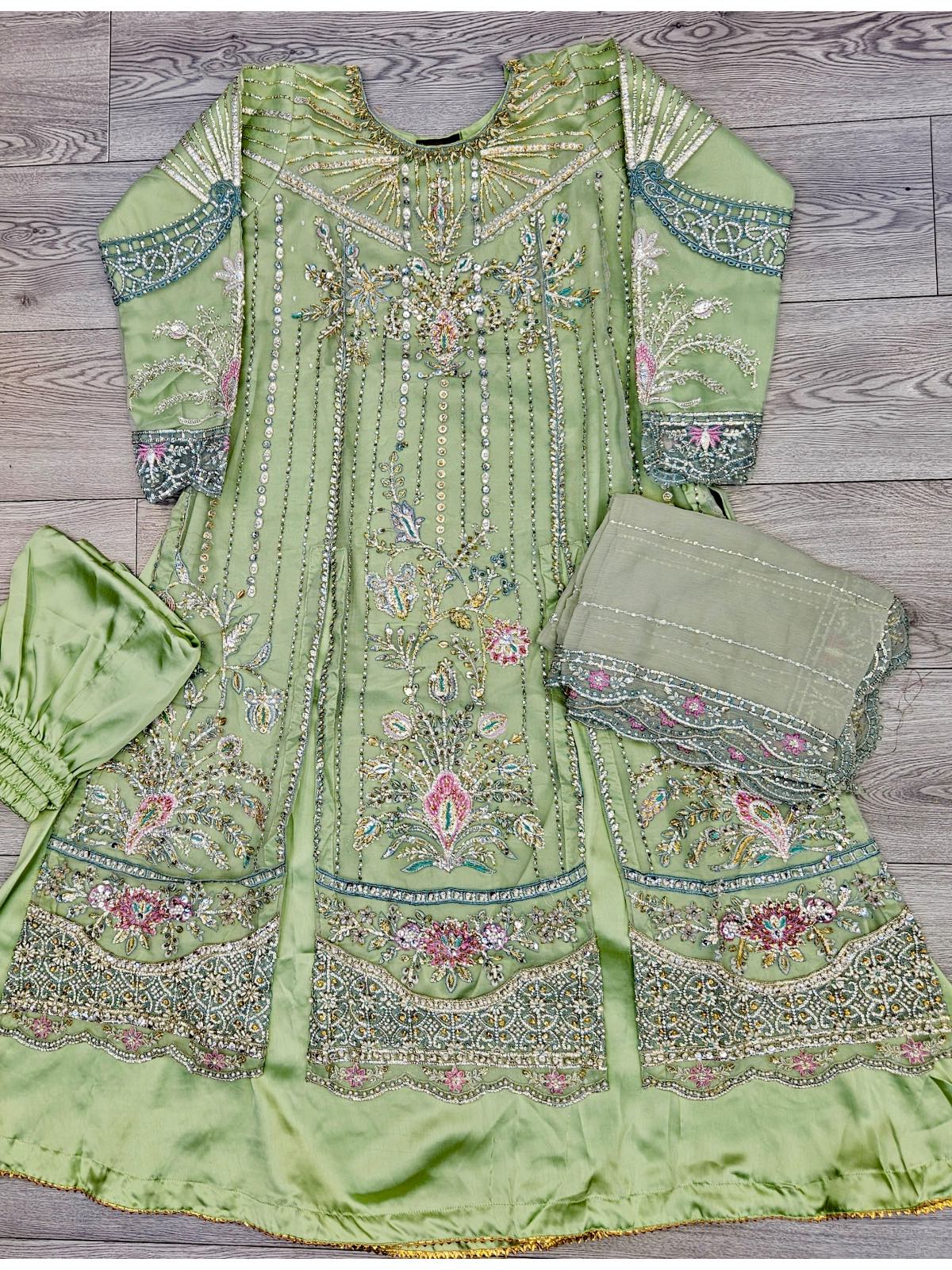 MB pistachio green hand embellished front cut suit with embroidered dupatta and trousers in sizes [M to 8XL] womenswear traditional wedding plus size clothing - gorgeous, fit