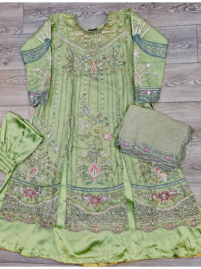 MB pistachio green hand embellished front cut suit with embroidered dupatta and trousers in sizes [M to 8XL] womenswear traditional wedding plus size clothing - gorgeous, fit