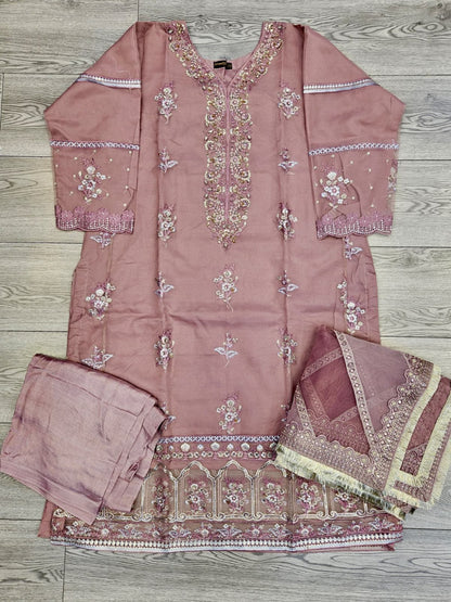 MSQ crystal pearl lilac pink colour hand embellished shalwar kameez in organza fabric with embroidered dupatta in sizes [L to 8XL] womenswear traditional fancy party wear plus size - gorgeous fit