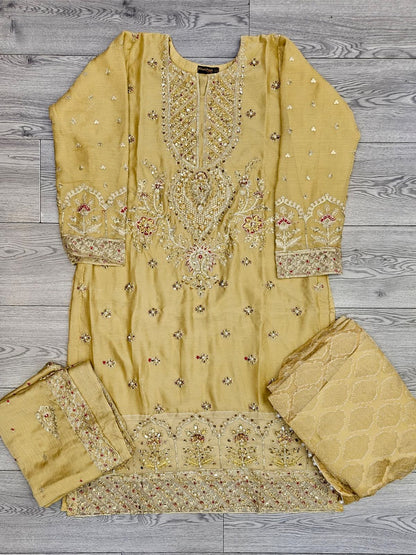 AM Gold colour hand embellished lehenga suit in chiffon fabric embroidered dupatta and brocade lehenga in sizes [M to 8XL] womenswear traditional wedding wear plus size clothing - gorgeous fit