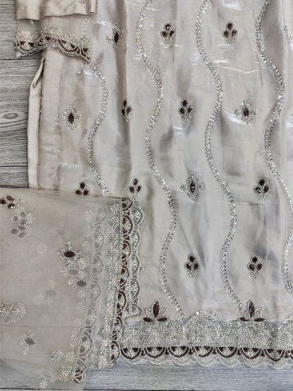 Seashell White colour ditsy pattern hand embellished cutdana embroidery shimmer organza fabric with silk palazzo and net embroidered dupatta in sizes [M to 8XL] womenswear traditional party and wedding wear plus size clothing