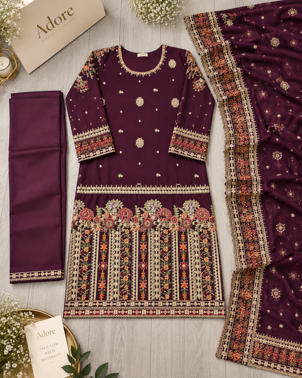 Mulberry Plum - Hand Embellished Chiffon Suit - Silk Trousers - Embroidered Pallu Dupatta