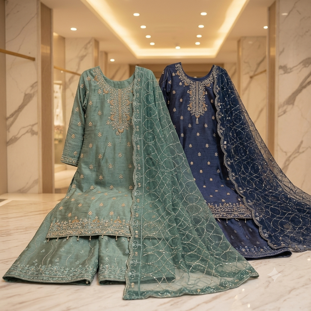 Navy Blue & Teal | Luxury Hand Embellished Shimmer Silk Suit | Embroidered Palazzo | Chiffon Dupatta