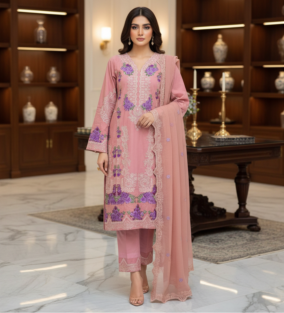 ALS Aaira | Premium Dusty Rose Pakistani Suit | Schiffli Embroidery & Laser-Cut Work | Elegant Occasion Wear