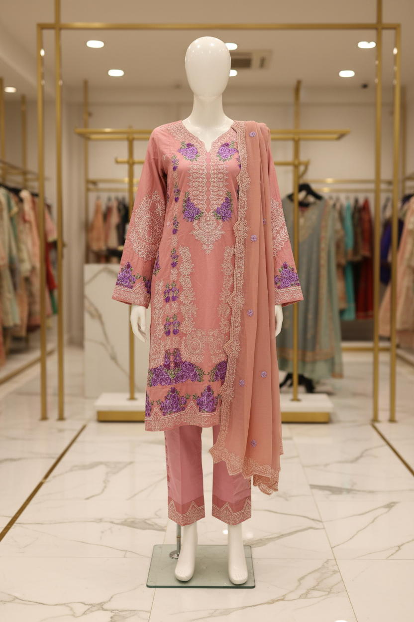 ALS Aaira | Premium Dusty Rose Pakistani Suit | Schiffli Embroidery & Laser-Cut Work | Elegant Occasion Wear