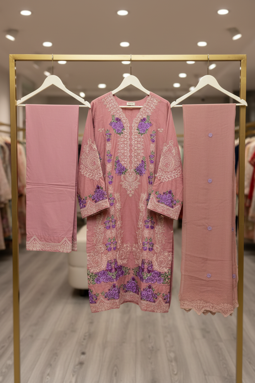 ALS Aaira | Premium Dusty Rose Pakistani Suit | Schiffli Embroidery & Laser-Cut Work | Elegant Occasion Wear