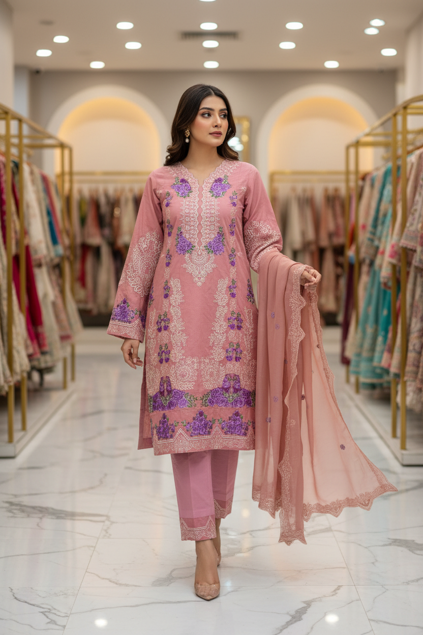 ALS Aaira | Premium Dusty Rose Pakistani Suit | Schiffli Embroidery & Laser-Cut Work | Elegant Occasion Wear