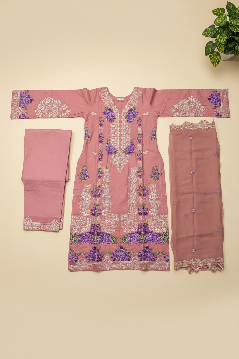 ALS Aaira | Premium Dusty Rose Pakistani Suit | Schiffli Embroidery & Laser-Cut Work | Elegant Occasion Wear