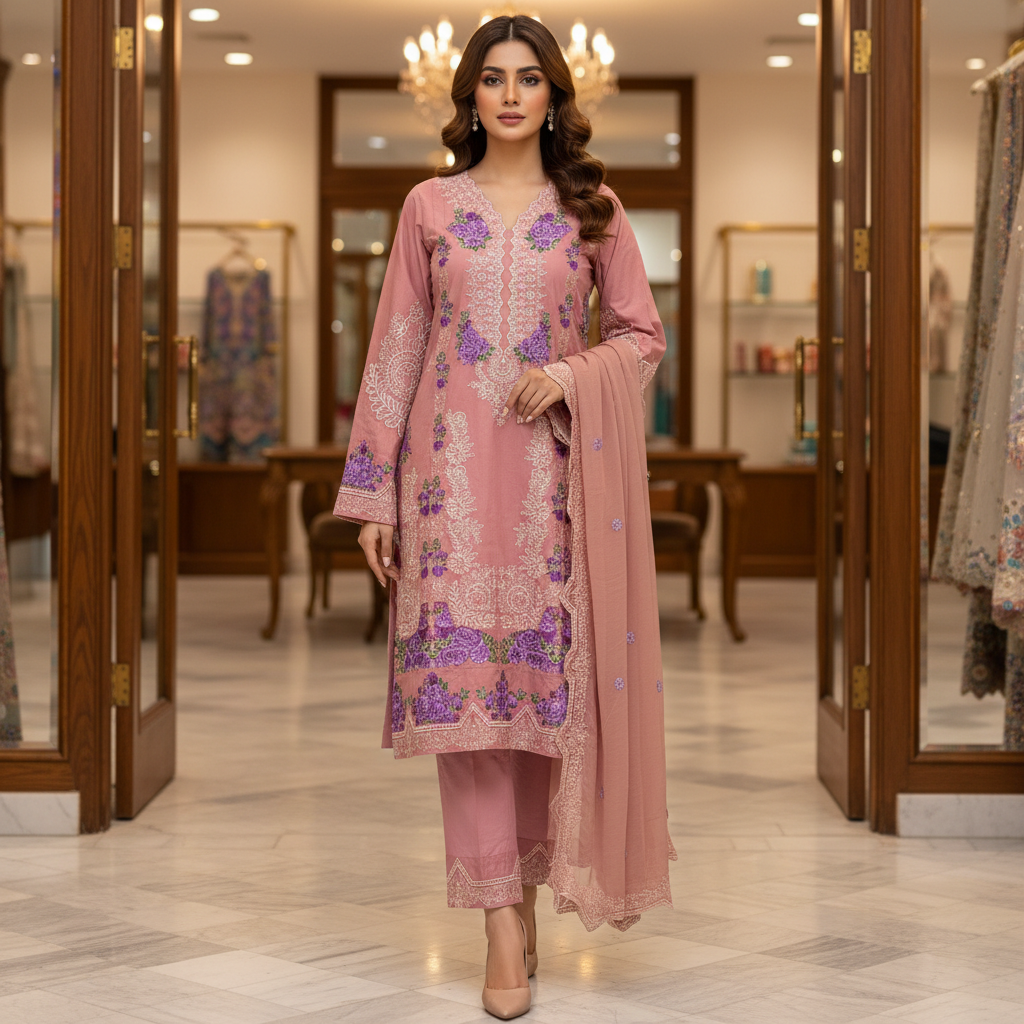 ALS Aaira | Premium Dusty Rose Pakistani Suit | Schiffli Embroidery & Laser-Cut Work | Elegant Occasion Wear