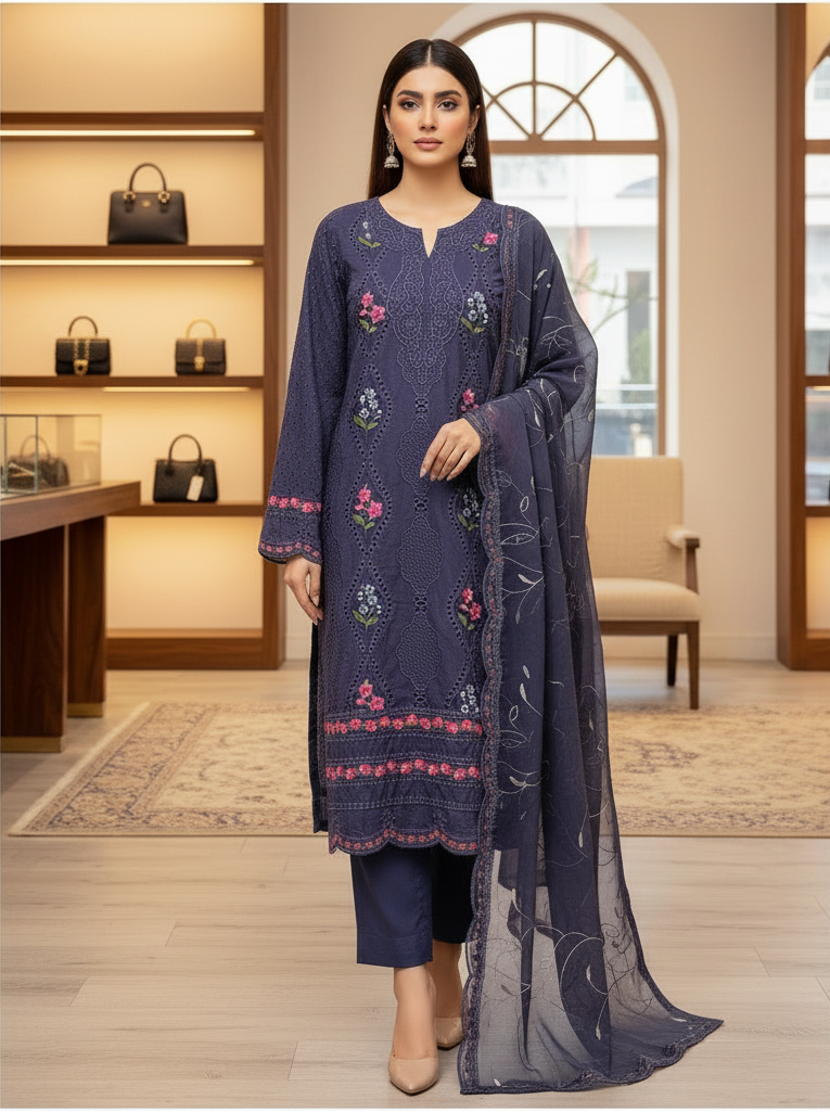 MB Zaraan | Luxury Pakistani Linen Embroidered Shalwar Kameez | Charcoal Grey, Smoky Indigo & Pastel Aqua Green | Schiffli Embroidery & Laser-Cut Craftsmanship | Elegant Occasion Wear