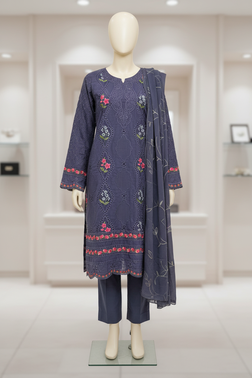 MB Zaraan | Luxury Pakistani Linen Embroidered Shalwar Kameez | Charcoal Grey, Smoky Indigo & Pastel Aqua Green | Schiffli Embroidery & Laser-Cut Craftsmanship | Elegant Occasion Wear