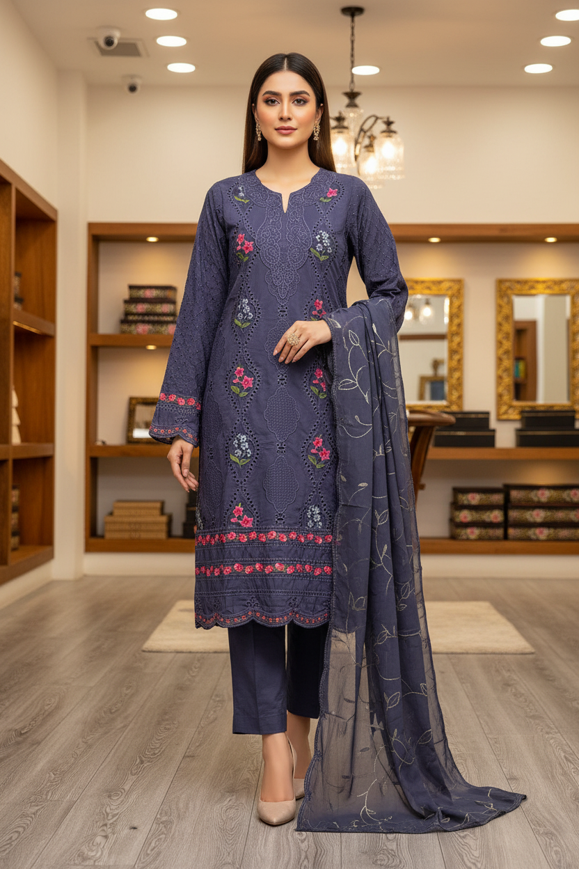 MB Zaraan | Luxury Pakistani Linen Embroidered Shalwar Kameez | Charcoal Grey, Smoky Indigo & Pastel Aqua Green | Schiffli Embroidery & Laser-Cut Craftsmanship | Elegant Occasion Wear