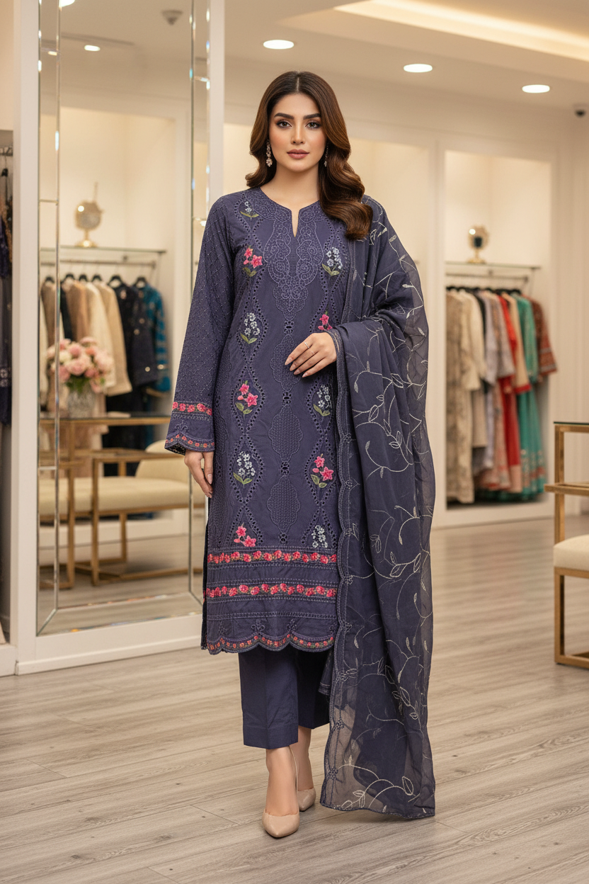 MB Zaraan | Luxury Pakistani Linen Embroidered Shalwar Kameez | Charcoal Grey, Smoky Indigo & Pastel Aqua Green | Schiffli Embroidery & Laser-Cut Craftsmanship | Elegant Occasion Wear
