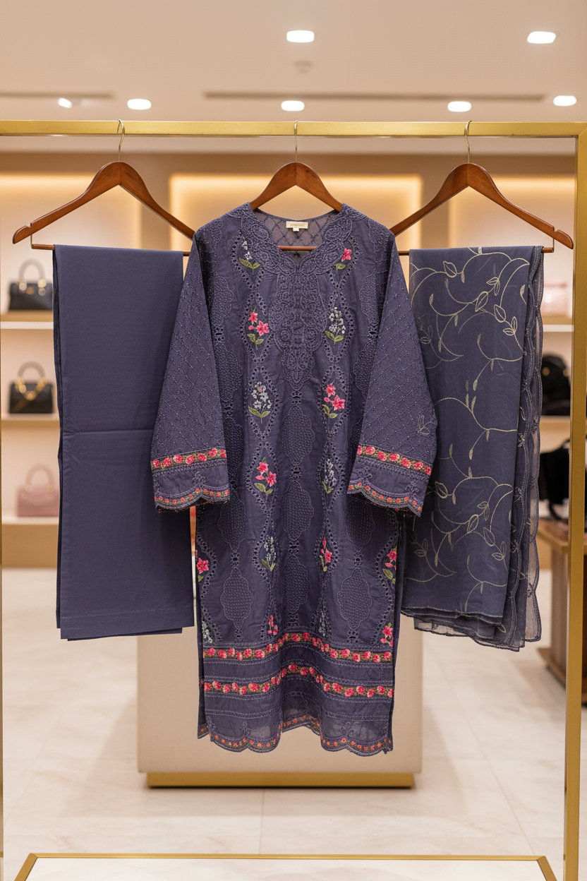MB Zaraan | Luxury Pakistani Linen Embroidered Shalwar Kameez | Charcoal Grey, Smoky Indigo & Pastel Aqua Green | Schiffli Embroidery & Laser-Cut Craftsmanship | Elegant Occasion Wear