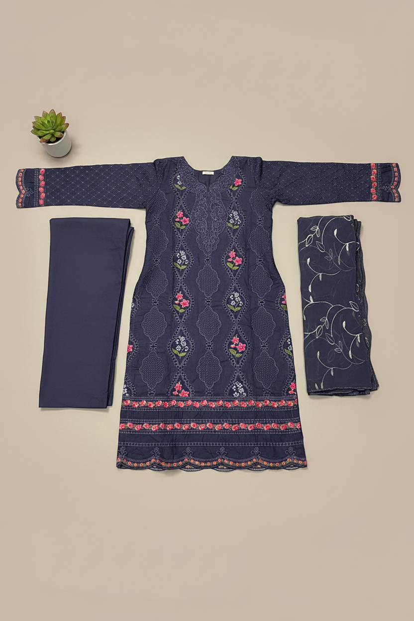 MB Zaraan | Luxury Pakistani Linen Embroidered Shalwar Kameez | Charcoal Grey, Smoky Indigo & Pastel Aqua Green | Schiffli Embroidery & Laser-Cut Craftsmanship | Elegant Occasion Wear
