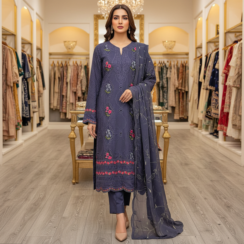 MB Zaraan | Luxury Pakistani Linen Embroidered Shalwar Kameez | Charcoal Grey, Smoky Indigo & Pastel Aqua Green | Schiffli Embroidery & Laser-Cut Craftsmanship | Elegant Occasion Wear