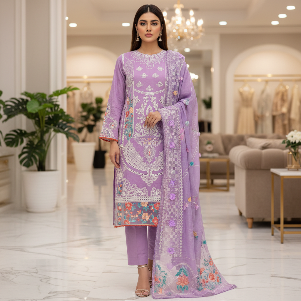 PRS Lavanya | Luxury Lavender Shalwar Kameez | 3D Floral Embellishments & Heavy Schiffli Embroidery | Border Dupatta