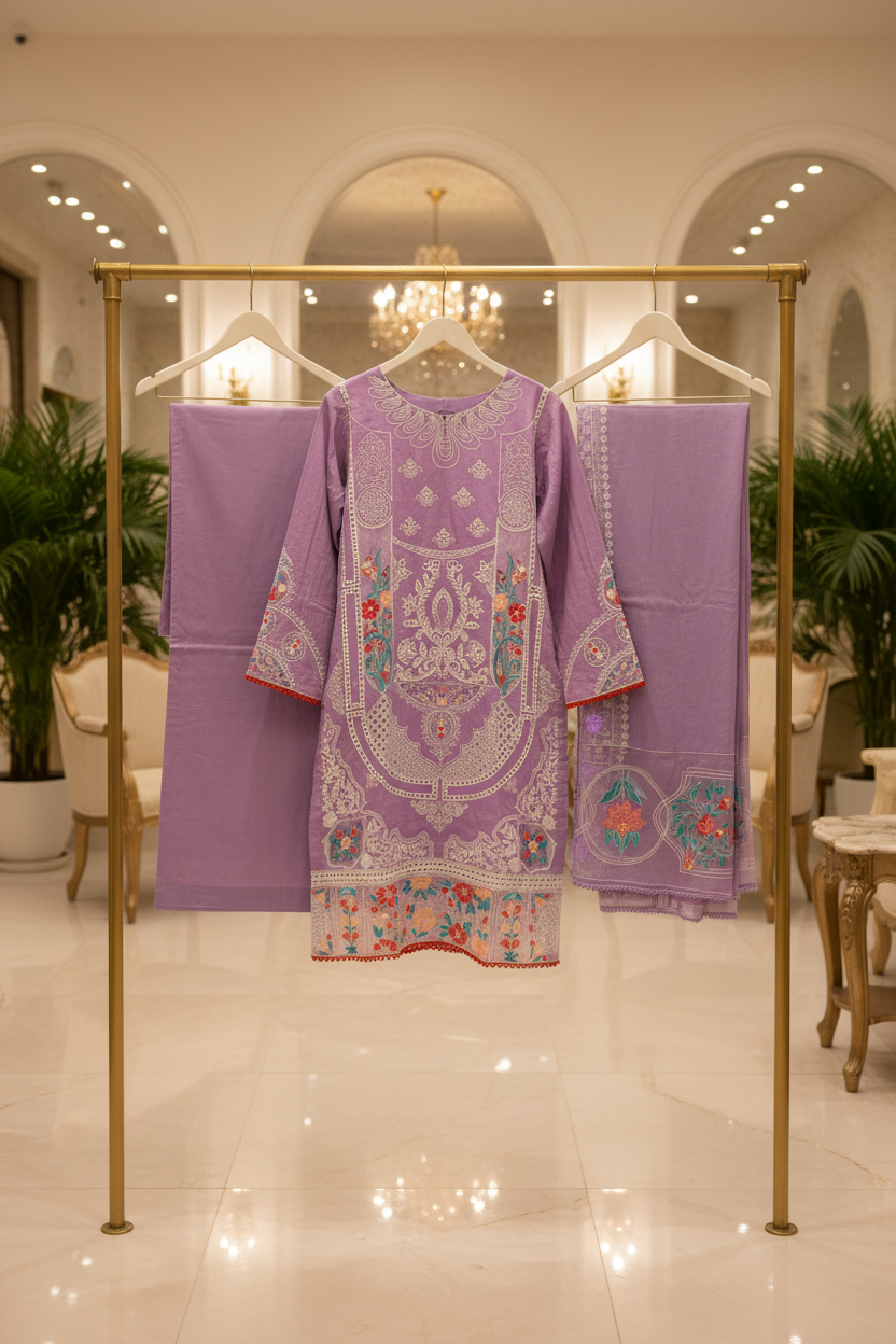 PRS Lavanya | Luxury Lavender Shalwar Kameez | 3D Floral Embellishments & Heavy Schiffli Embroidery | Border Dupatta