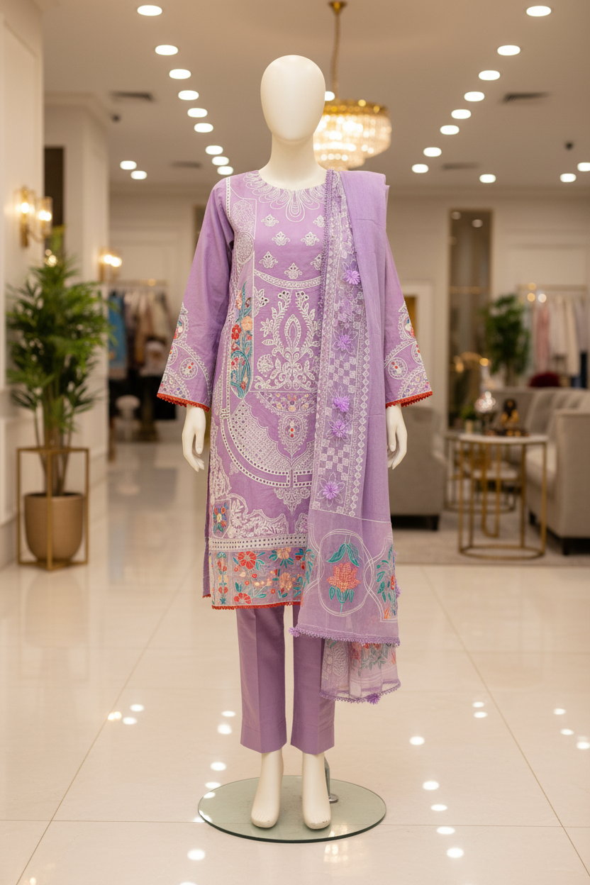 PRS Lavanya | Luxury Lavender Shalwar Kameez | 3D Floral Embellishments & Heavy Schiffli Embroidery | Border Dupatta