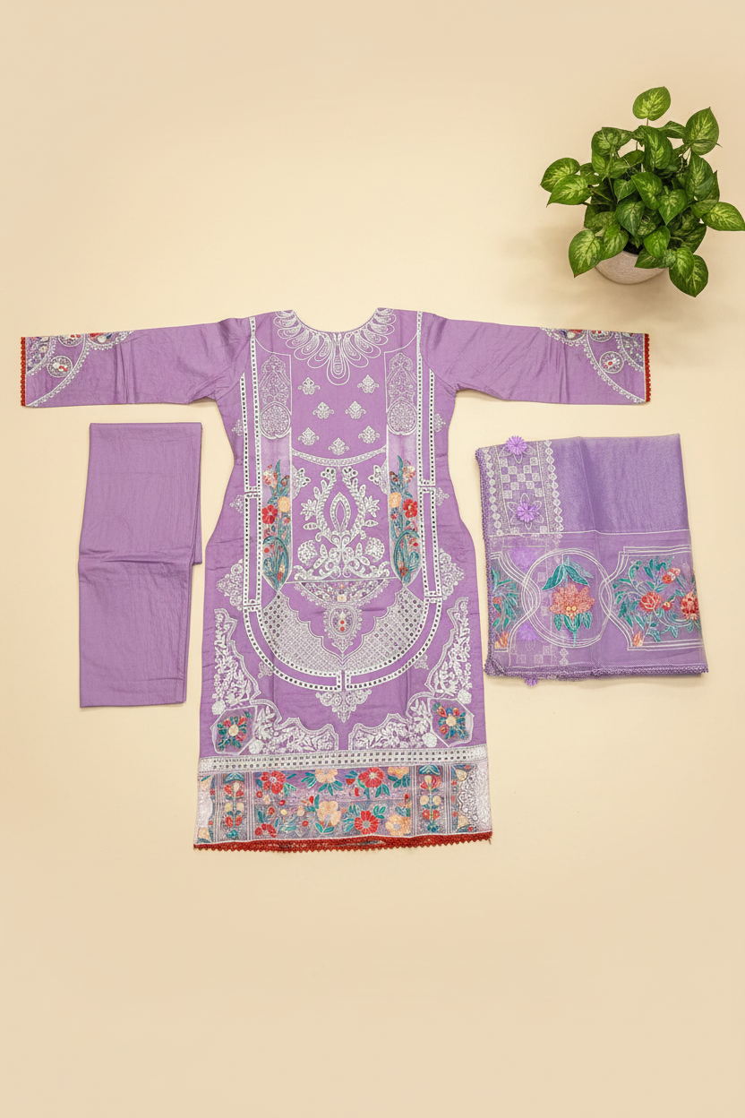 PRS Lavanya | Luxury Lavender Shalwar Kameez | 3D Floral Embellishments & Heavy Schiffli Embroidery | Border Dupatta