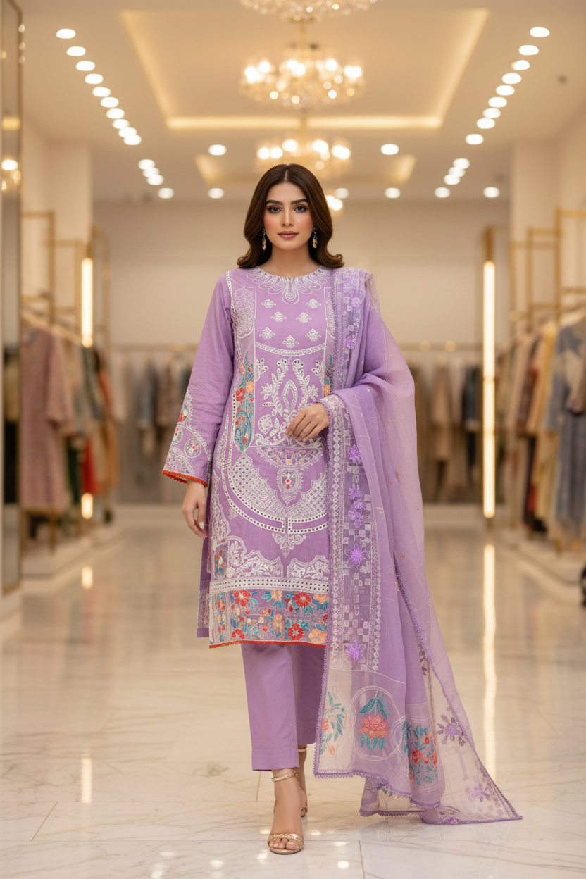 PRS Lavanya | Luxury Lavender Shalwar Kameez | 3D Floral Embellishments & Heavy Schiffli Embroidery | Border Dupatta