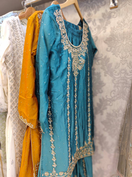 KMS hand embellished sharara suit in colours blue mustard purple and plum in sizes (L to XL)