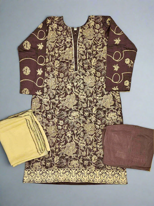 Russet brown and gold colour bareeze embroidery excellent quality linen fabric shalwar kameez - Sizes M to 8XL - Womenswear traditional plus size comfort clothing winter gorgeous fit