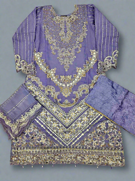 MB lilac colour hand embroidered shirt in organza fabric with silk sharara embroidered organza dupatta in sizes [M to 8XL] - Womenswear traditional fancy wedding party wear - Gorgeous, fit