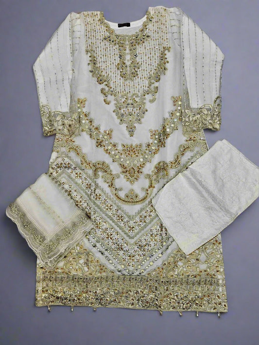 MB seashell white colour hand embroidered shirt in organza fabric with silk sharara embroidered organza dupatta in sizes [M to 8XL] - Womenswear traditional fancy wedding party wear - Gorgeous, fit