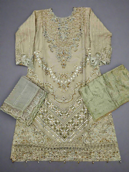 MB light olive green colour hand embroidered shirt in organza fabric with silk sharara embroidered organza dupatta in sizes [M to 8XL] - Womenswear traditional fancy wedding party wear - Gorgeous, fit