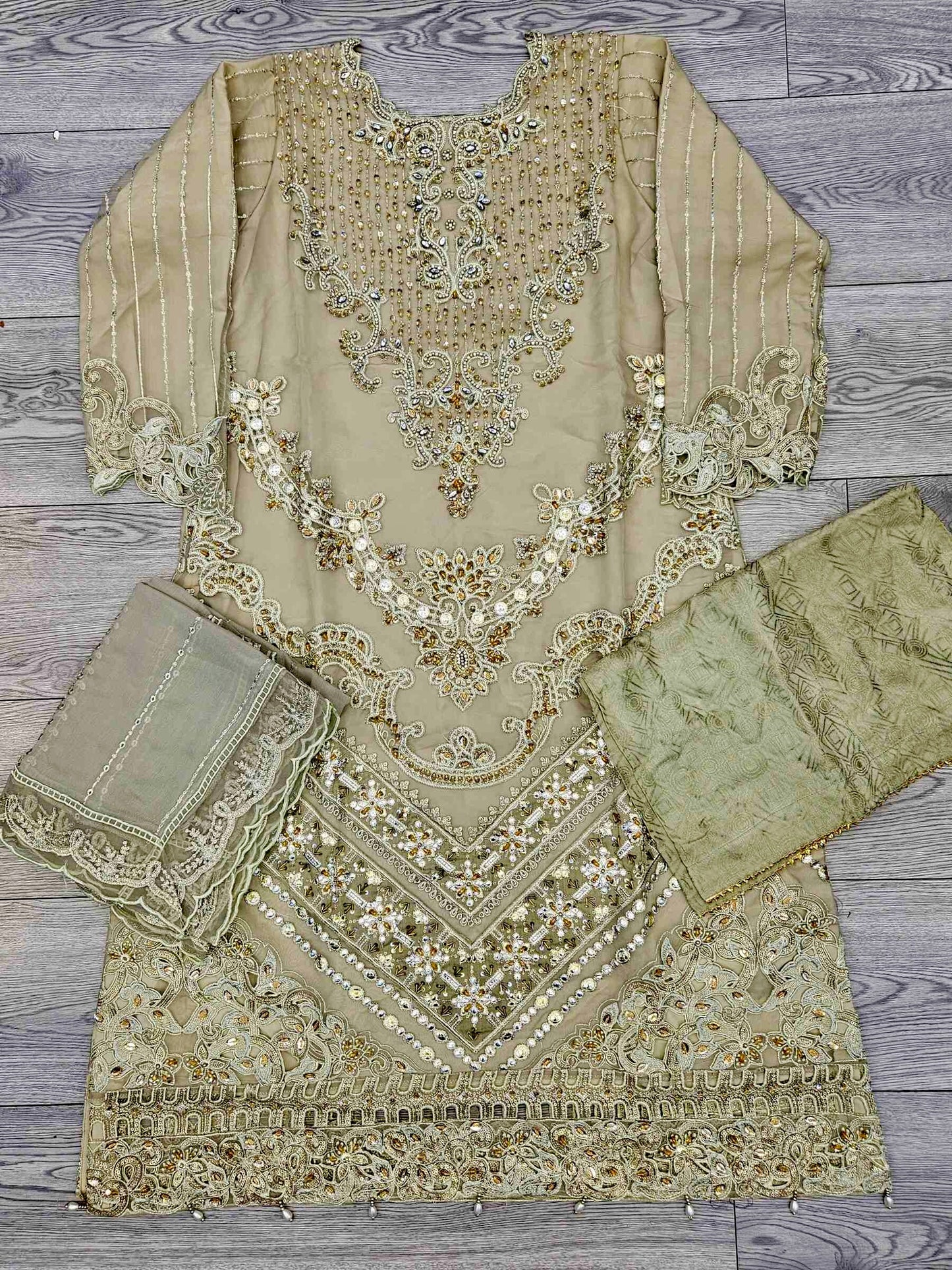 MB light olive green colour hand embroidered shirt in organza fabric