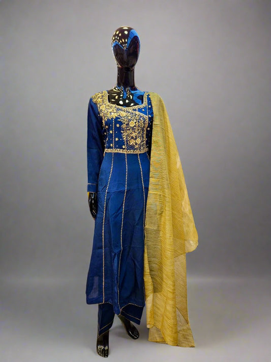 Midnight blue colour antique gold hand embellished raw silk fabric dress with gold dupatta and trousers in sizes - M to 8XL - Womenswear traditional plus size dress comfort, elegant, gorgeous, fit