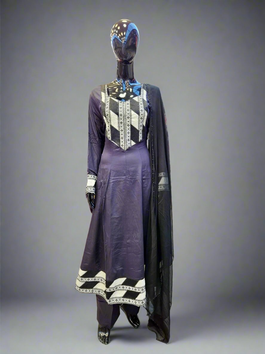 Black with white embroidery on neck and border marina winter fabric