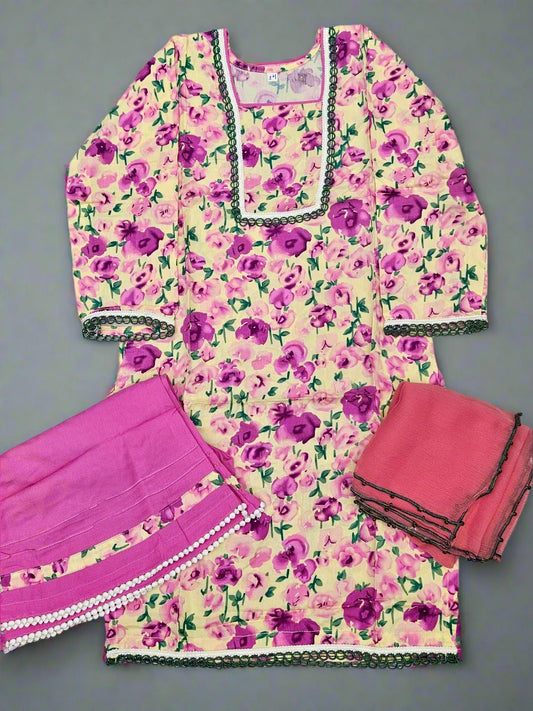 Girl's Hot Pink colour Floral Print Cotton Fabric Sharara Suit, Fashion Casual Long Sleeve for Daily Indoor and Outdoor Wear, Kids Girls Clothing For Spring Fall Winter Summer