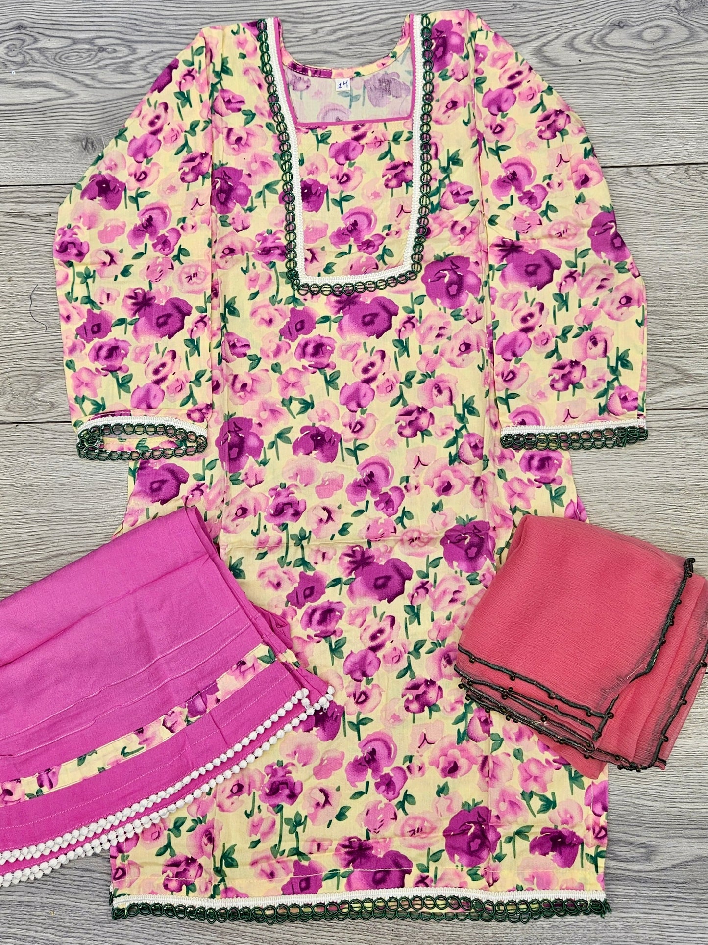 Girl's Hot Pink colour Floral Print Cotton Fabric Sharara Suit, Fashion Casual Long Sleeve for Daily Indoor and Outdoor Wear, Kids Girls Clothing For Spring Fall Winter Summer